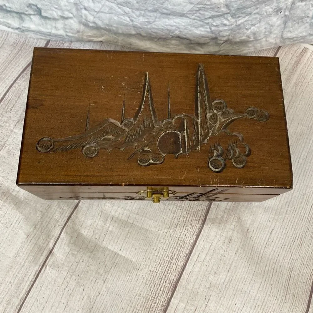 Vintage Wooden jewelry box with engraving and red velvet lining